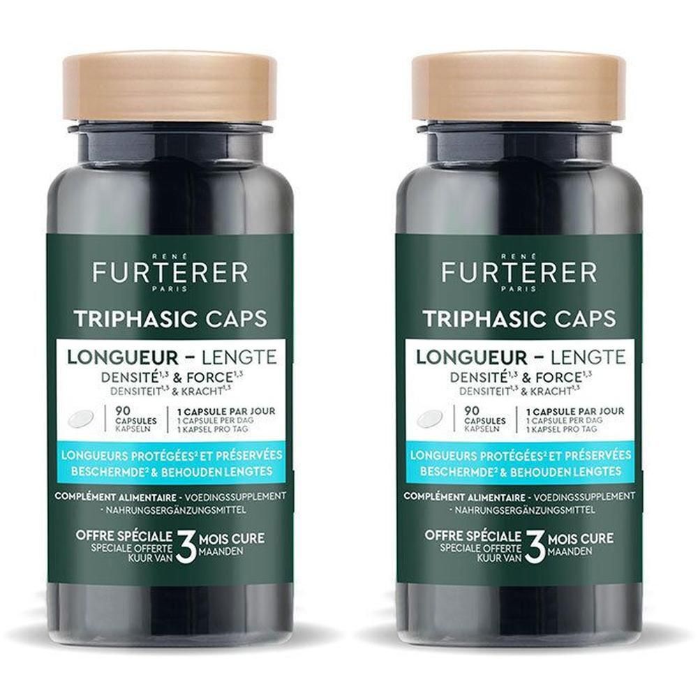Twee flacons René Furterer Triphasic Caps, 90 capsules per flacon. Voedingssupplement voor haar.