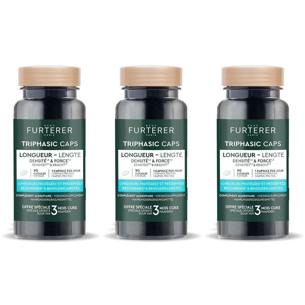 Drie flacons René Furterer Triphasic Caps voor haarlengte, dichtheid en kracht. 90 capsules per flacon.
