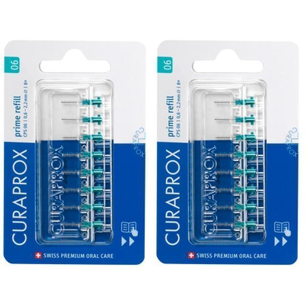 Deux paquets de brosses Curaprox CPS 06 Prime, recharge de 8 pièces chacune. Poils verts, fils argentés.