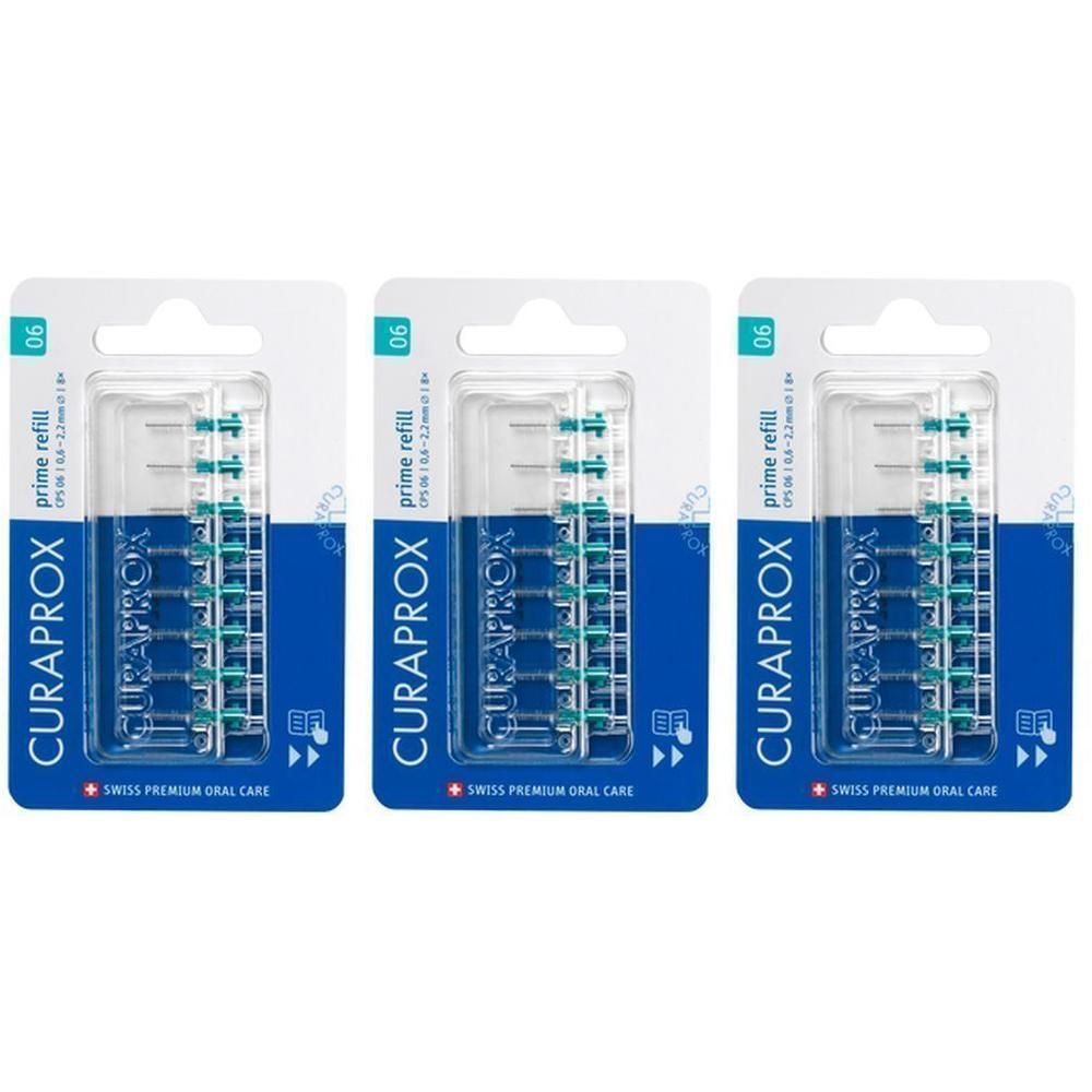 Trois paquets de brossettes interdentaires Curaprox CPS 06 Prime Refill. Chaque paquet contient 8 brossettes.