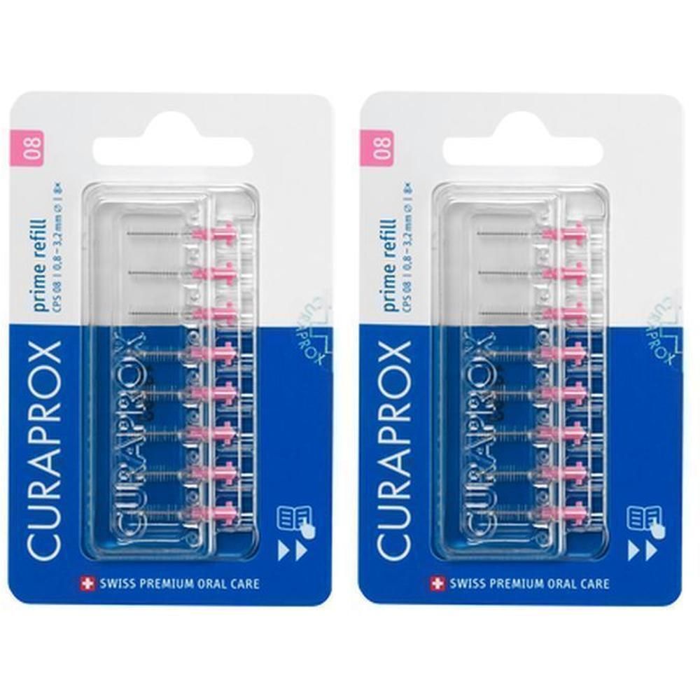 Twee pakken Curaprox CPS 08 Prime Refills met elk 8 interdentale borsteltjes. Roze borstelkop, 0,8-3,2mm.