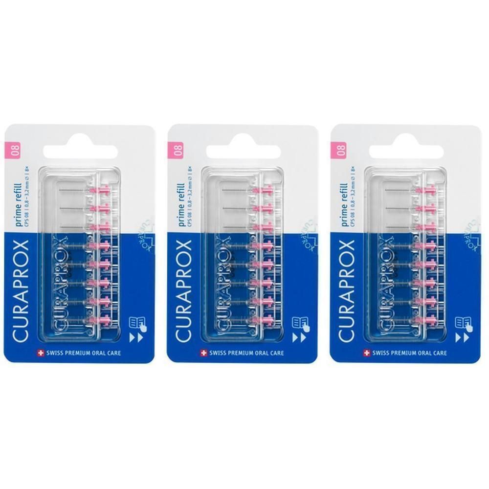 Drie pakken Curaprox CPS 08 Prime Refills met elk 8 interdentale borsteltjes. Roze borstels, 0.8mm.