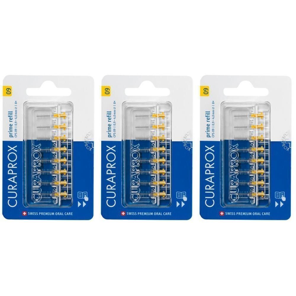 Trois paquets de brosses interdentaires Curaprox CPS 09 Prime Refill avec poils jaunes.