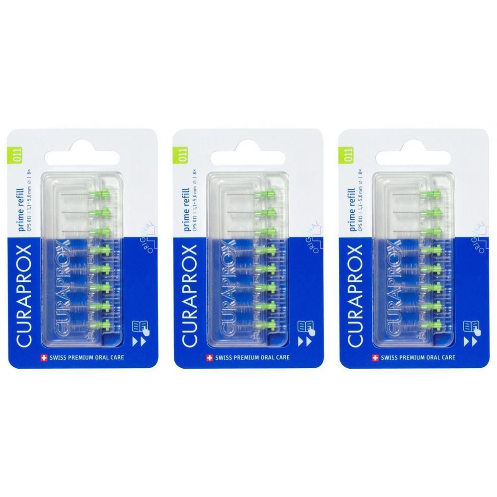 Trois paquets de brosses interdentaires Curaprox CPS 011 Prime. Chaque paquet contient 8 brosses aux poils verts.