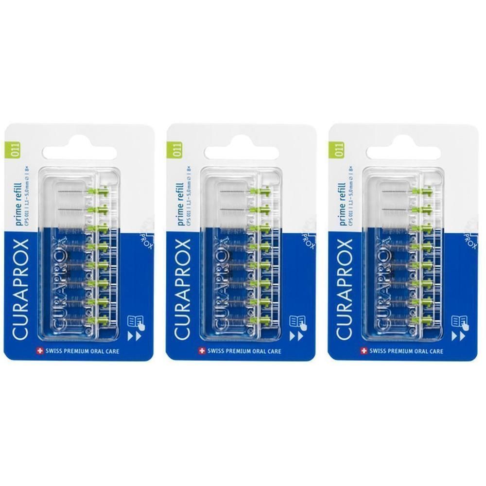 Drie pakken Curaprox CPS 011 Prime interdentale borsteltjes. Elk pak bevat 8 borsteltjes met groene haartjes.