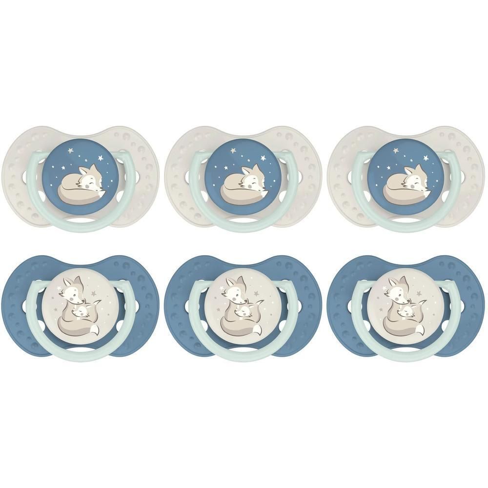 Six sucettes avec motif renard, trois bleu clair et trois bleu foncé.