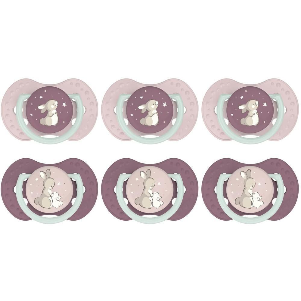 Six sucettes motif lapin, tons rose et violet.