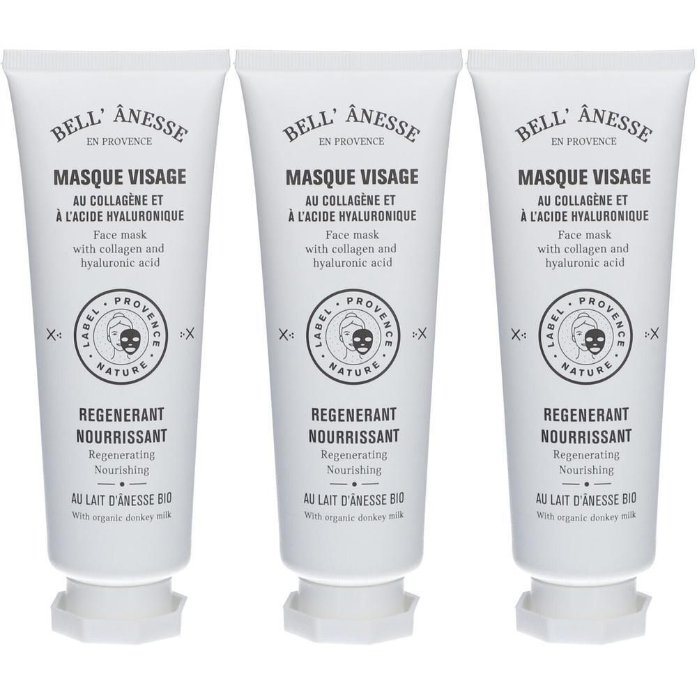 Trois tubes de Masque Visage Bell'Ânesse au collagène et acide hyaluronique.