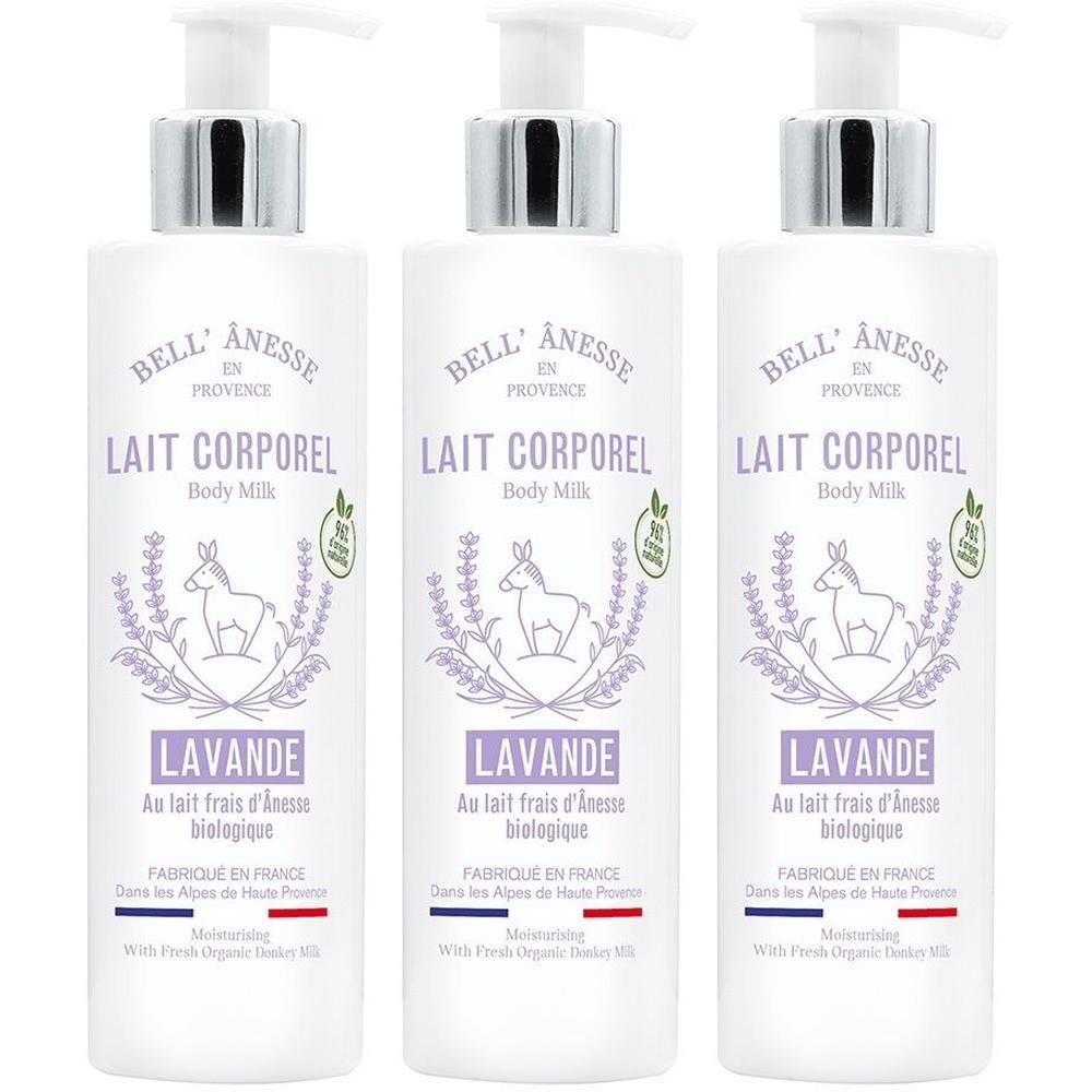 Trois flacons de Lait Corporel Lavande Bell'Ânesse avec pompes.