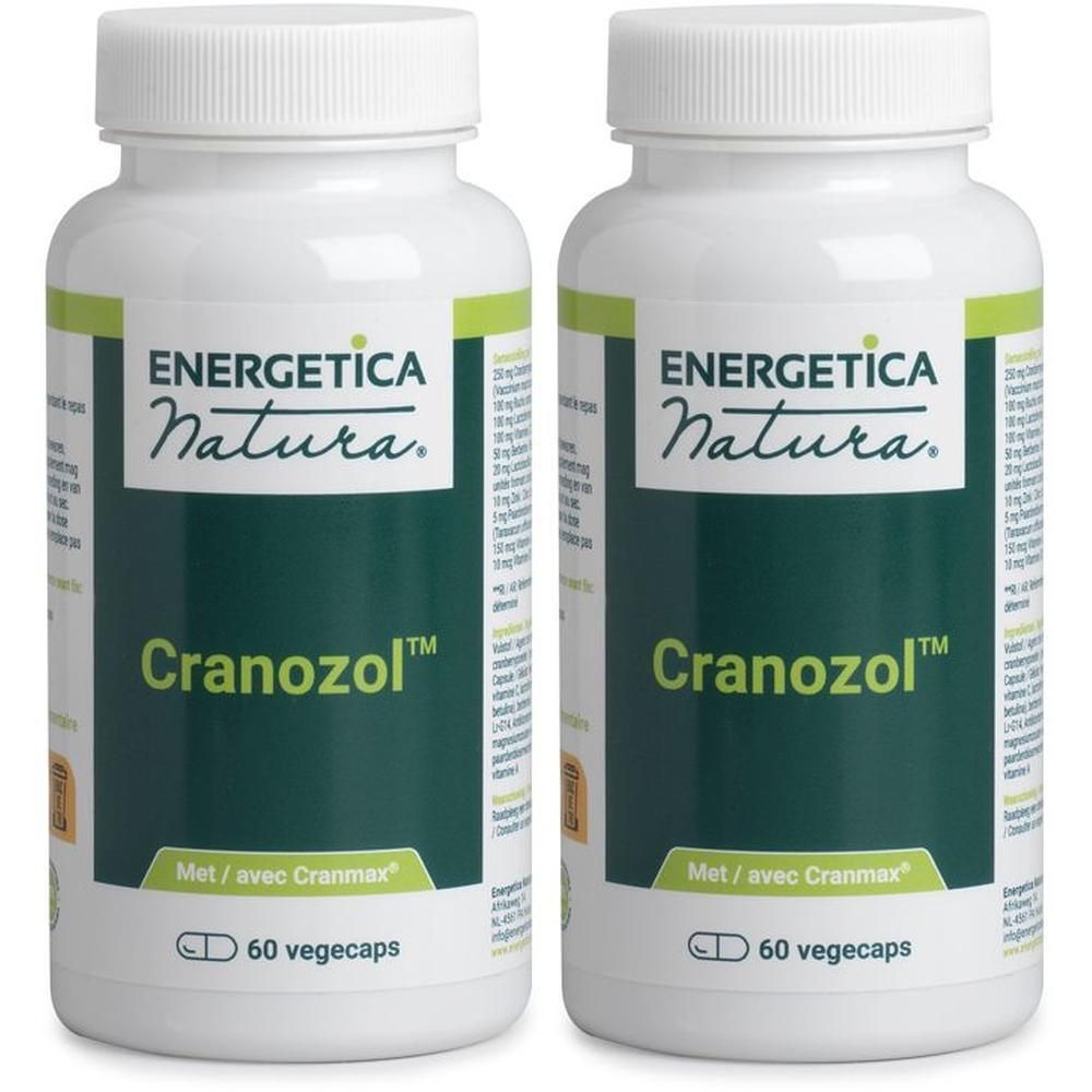 Twee witte Energetica Natura Cranozol potjes, elk 60 vegecaps.