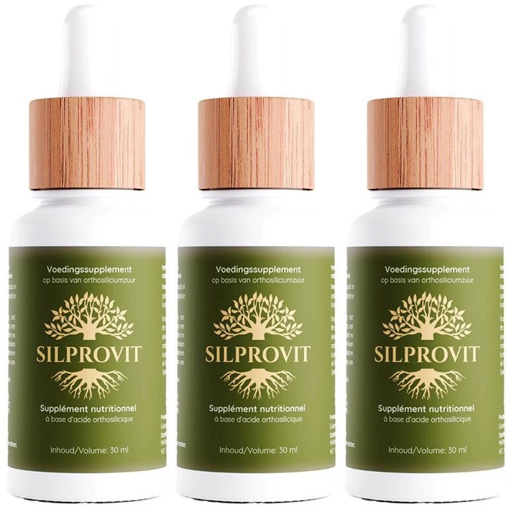 Drie flessen SilProVit voedingssupplement met druppelaar en houten dop.