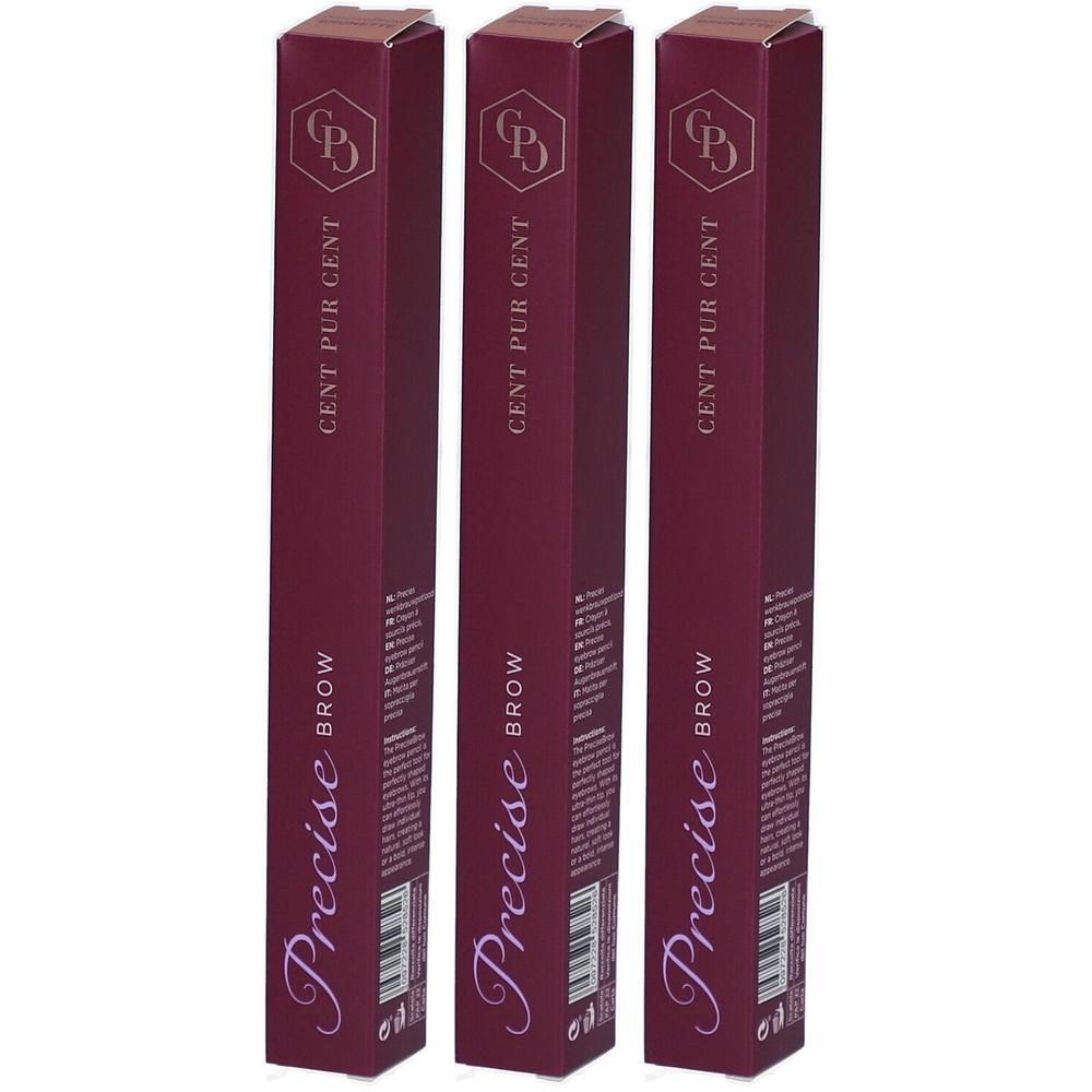 Trois boîtes bordeaux pour crayons à sourcils, avec l'inscription 'Precise Brow'.