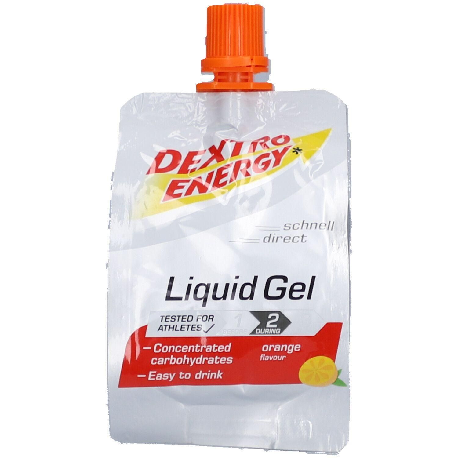 Dextro Energy Liquid Gel Orange: Zakje met oranje dop. Bevat geconcentreerde koolhydraten.