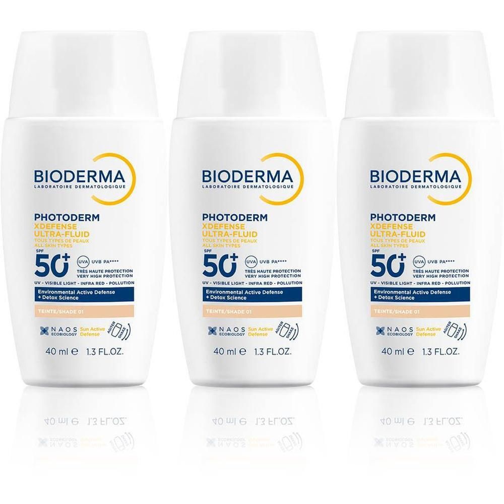 Drie flacons Bioderma Photoderm XDefense SPF 50+ tint 01.