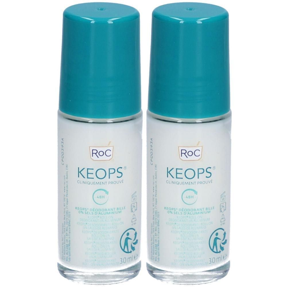 Twee RoC Keops roll-on deodorants met turquoise dopjes. 30ml.