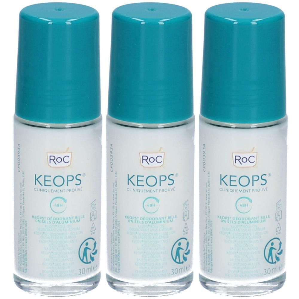 Trois déodorants roll-on RoC Keops à bouchons turquoise. 30ml.