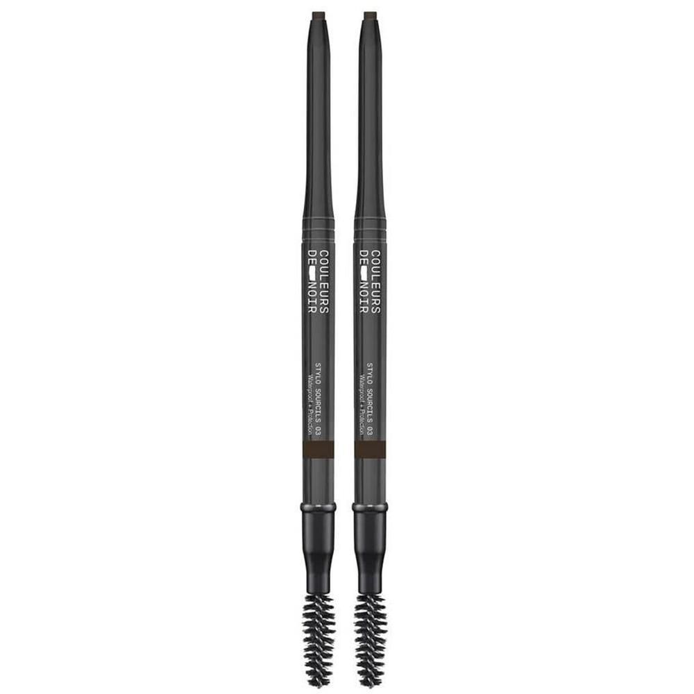 Deux crayons à sourcils brun foncé avec brosse.