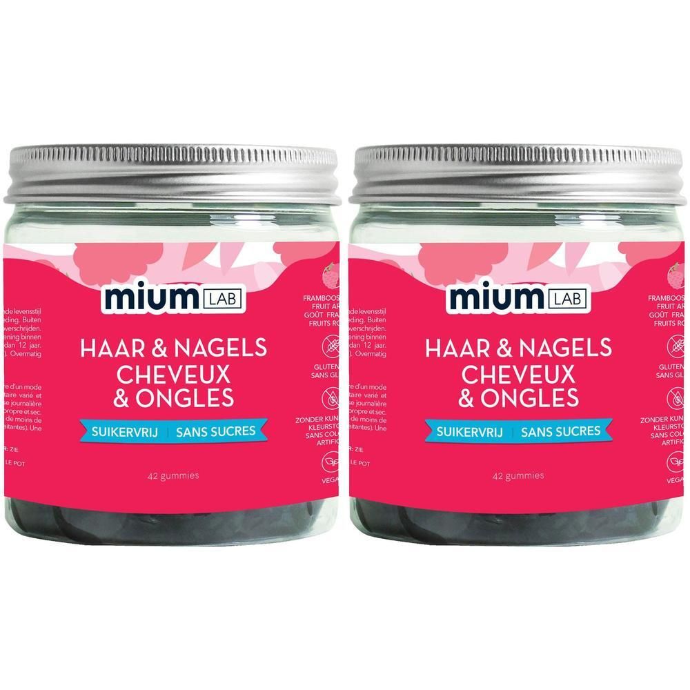 Deux pots de gummies MiumLab Cheveux & Ongles, sans sucres.