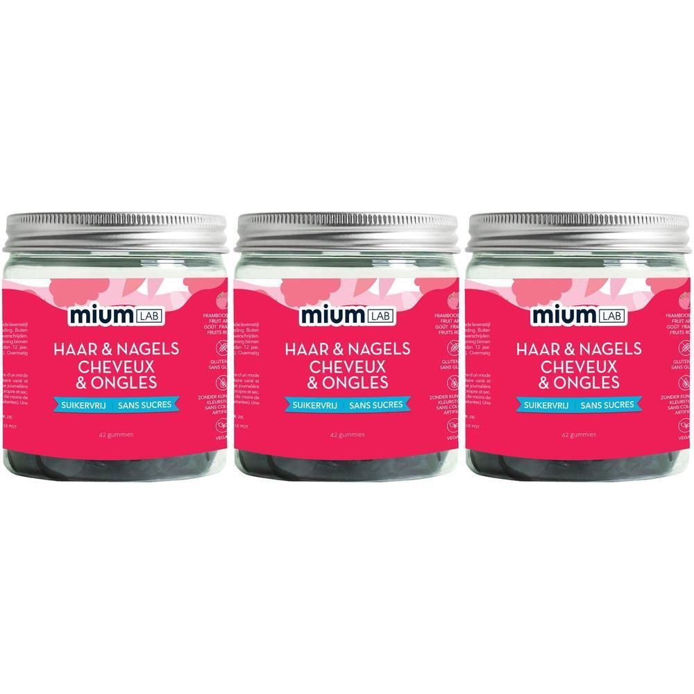 Trois pots de gummies MiumLab Cheveux & Ongles, sans sucres.