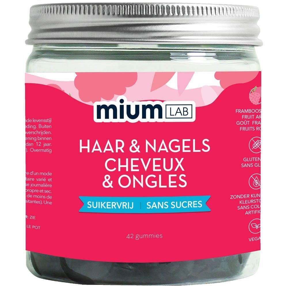 Een pot MiumLab Haar & Nagels gummies, suikervrij, 42 gummies.