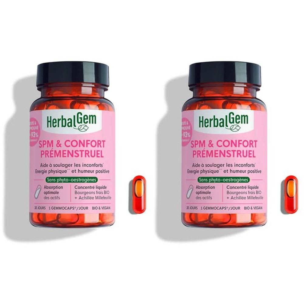 Deux flacons HerbalGem SPM & Confort Prémenstruel, avec une capsule à côté de chaque flacon.