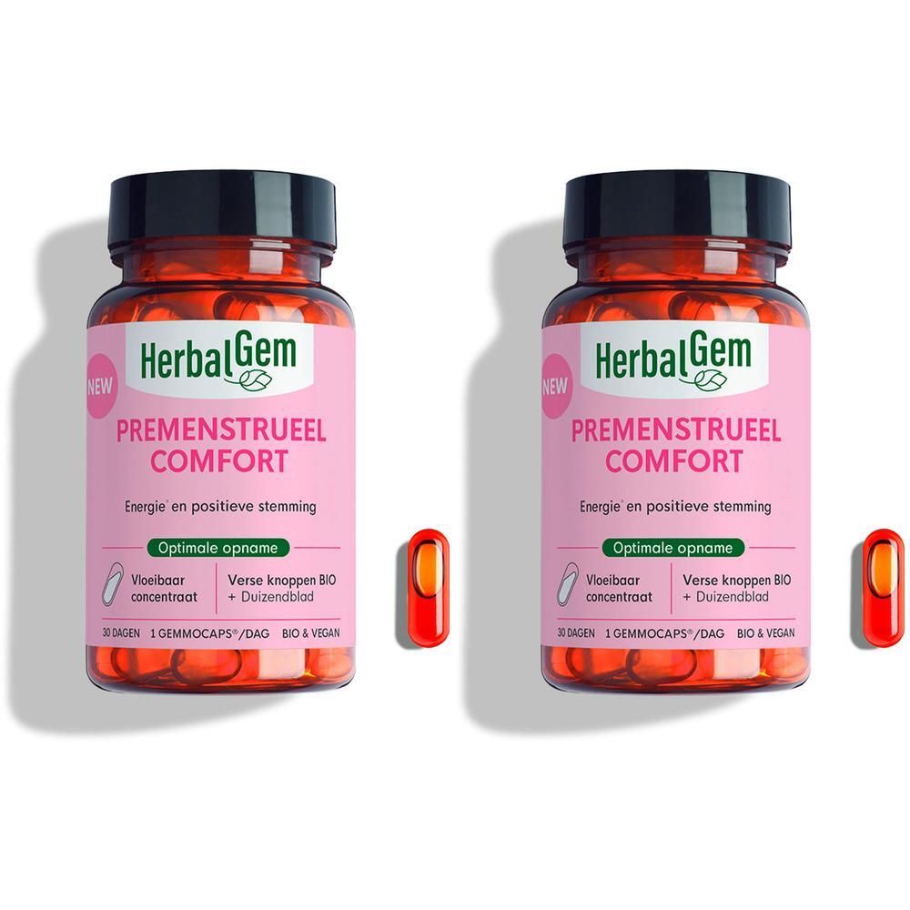 Twee flacons HerbalGem SPM & Confort Prémenstruel met naast elke flacon een capsule.