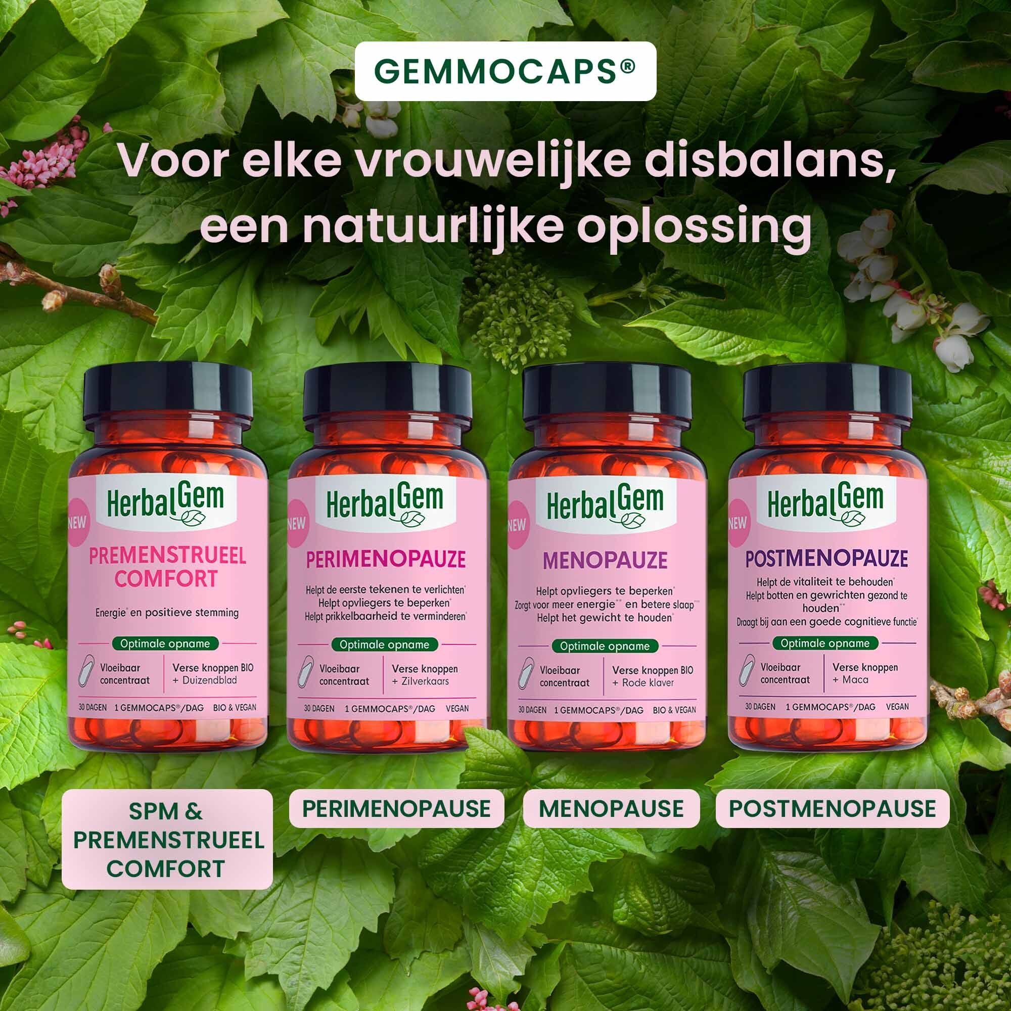 Zes pictogrammen met tekst die garanties voor HerbalGem-producten weergeven.