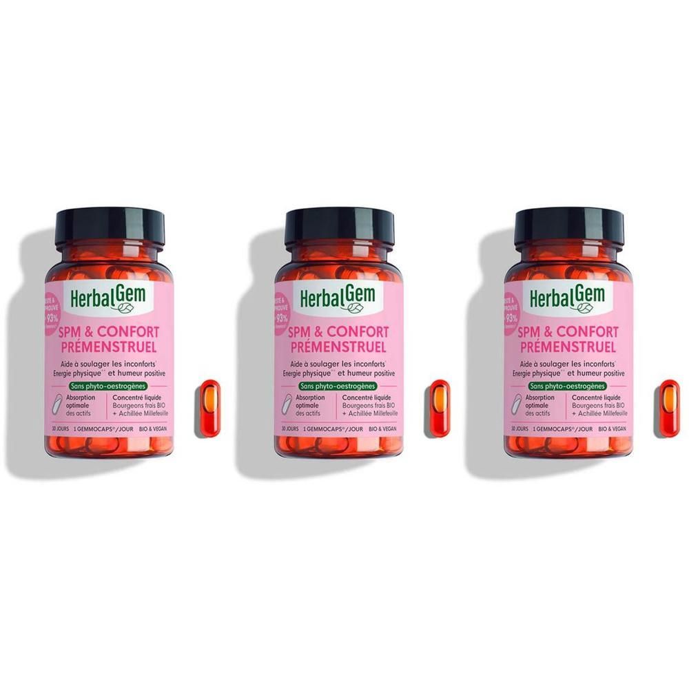 Trois flacons de HerbalGem SPM & Confort Prémenstruel avec des capsules.
