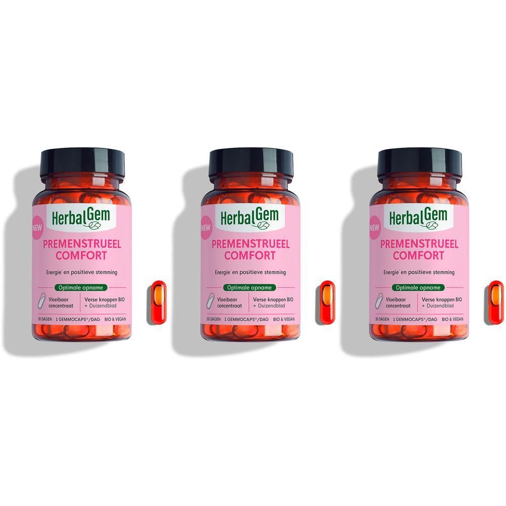 Drie flessen HerbalGem SPM & Confort Prémenstruel met capsules.