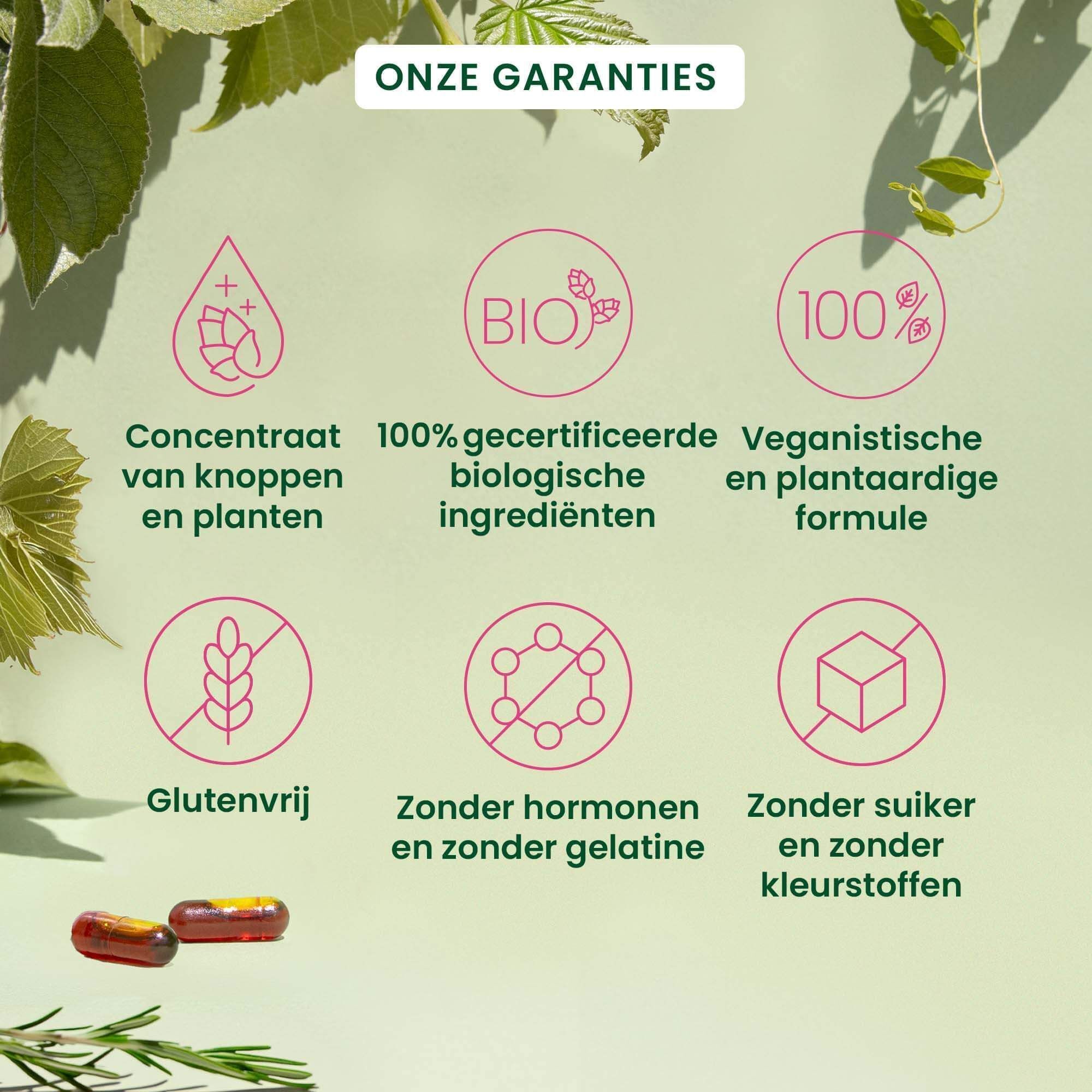 Vijf iconen met tekst die de voordelen van HerbalGem Premenstrueel Comfort beschrijven.