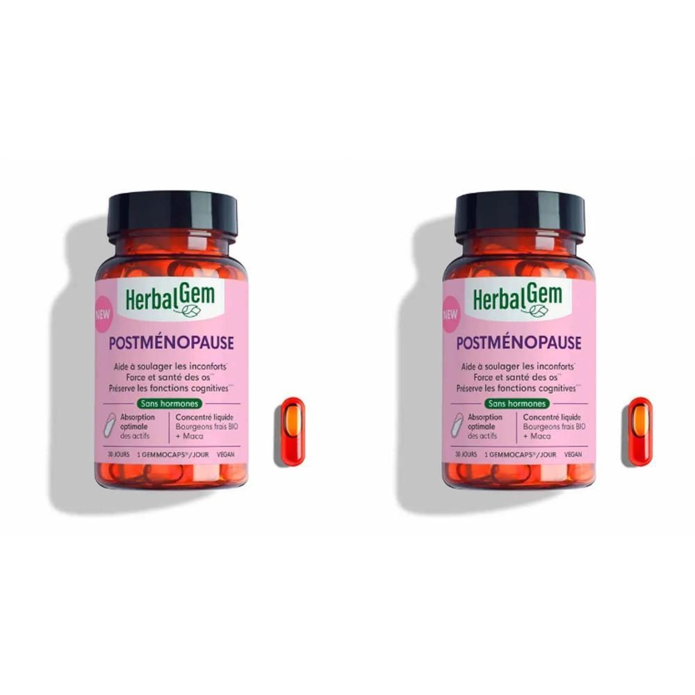 Deux flacons de HerbalGem Postménopause avec des capsules.