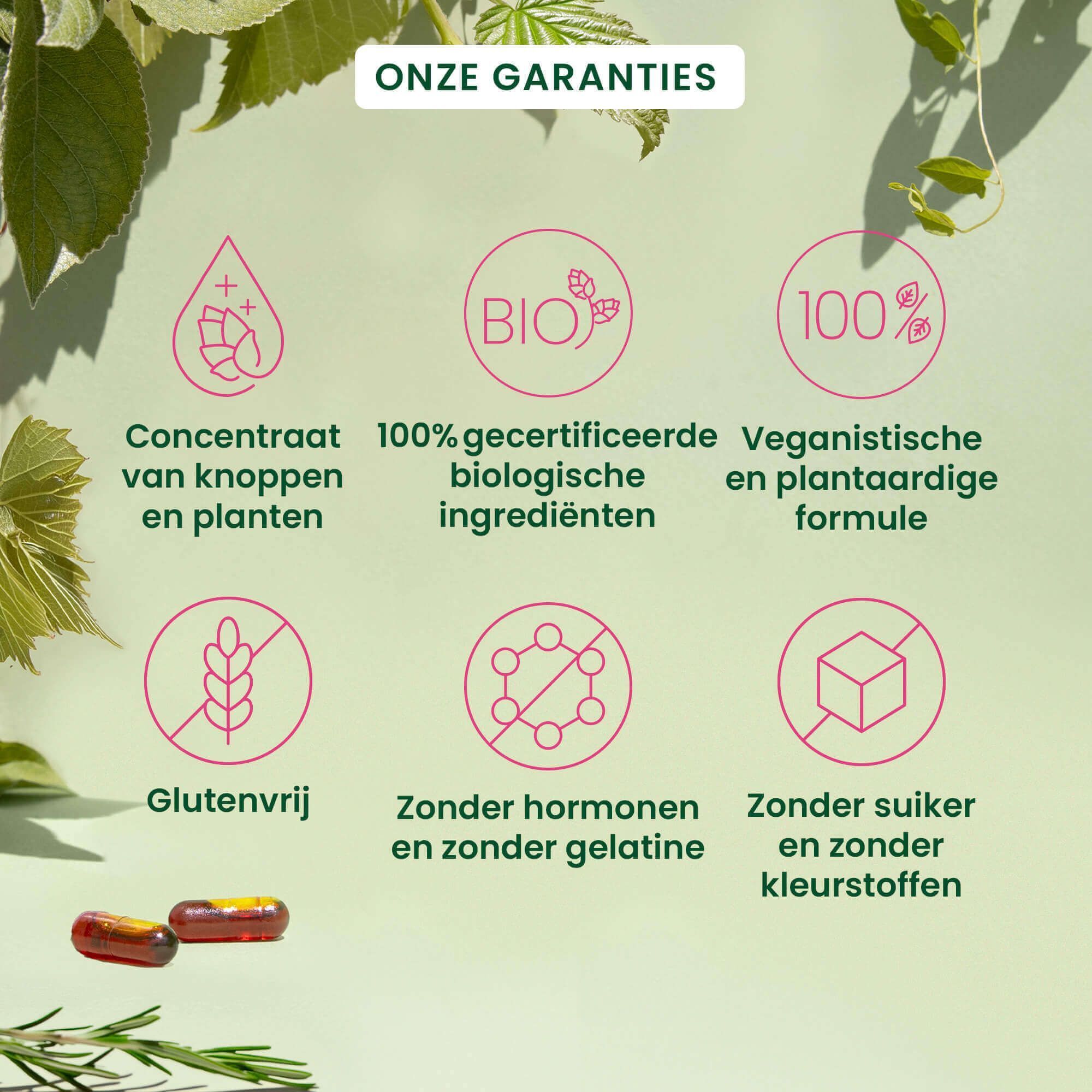 Zes cirkels met iconen en teksten, die garanties van HerbalGem Gemmocaps weergeven.
