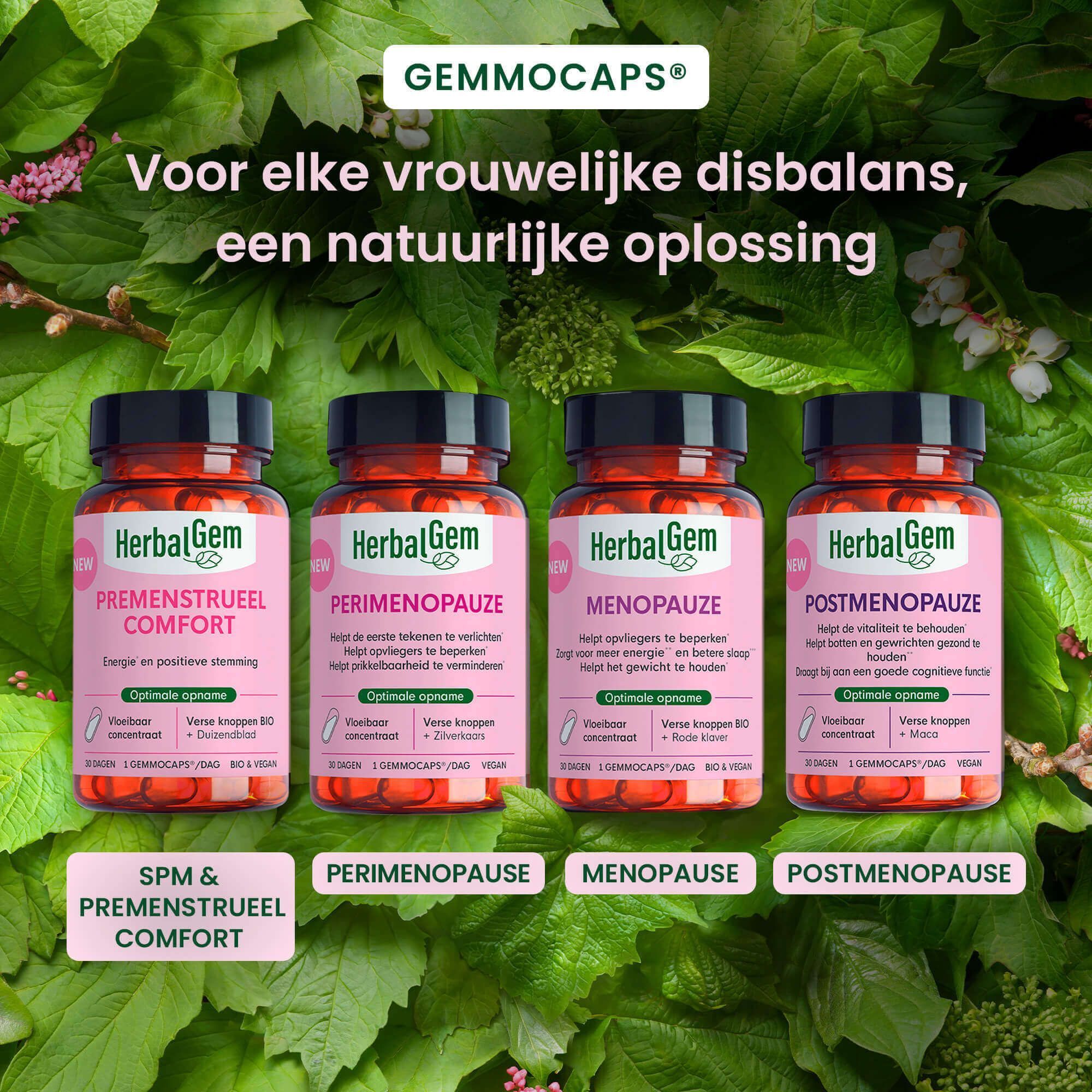 Vier HerbalGem flessen voor verschillende fases, waaronder Postmenopauze.