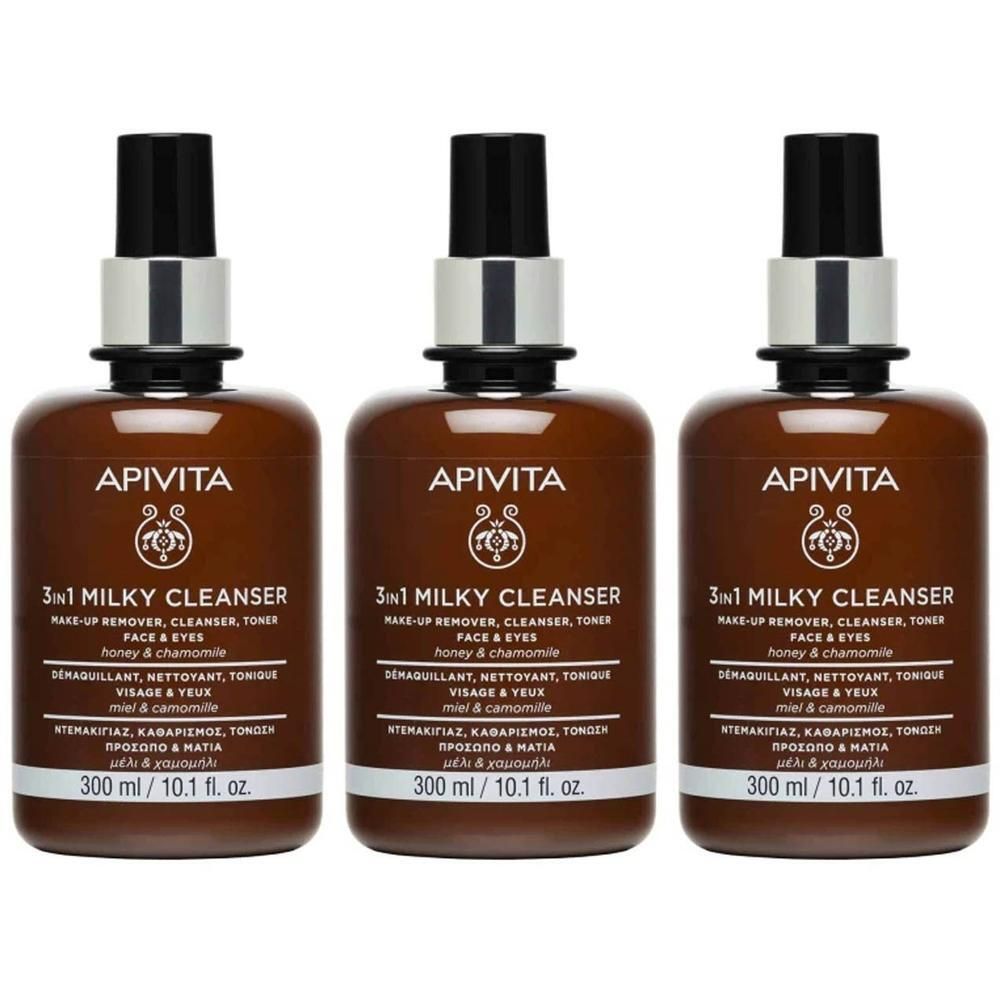 Trois flacons marron de Nettoyant Lait 3-en-1 APIVITA, 300 ml.