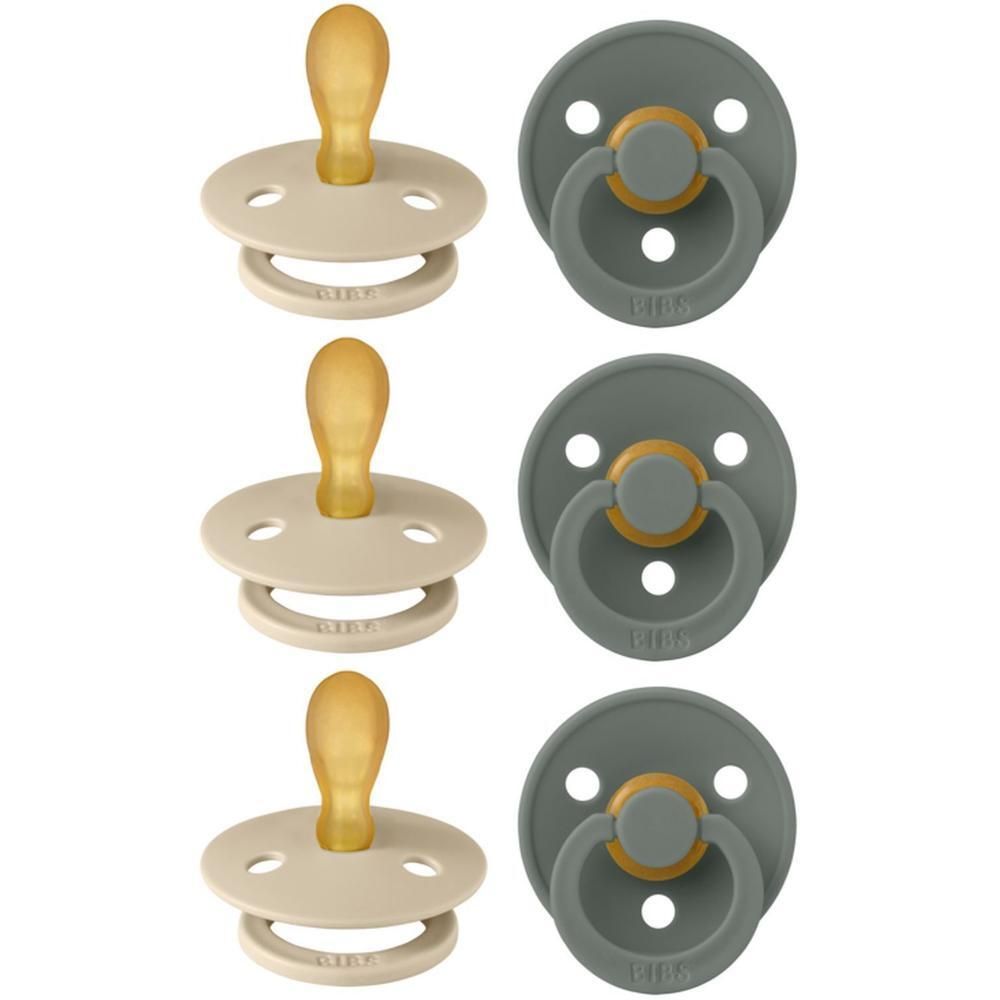 Trois sucettes BIBS beiges et trois grises, avec tétine symétrique en latex et bouclier rond.