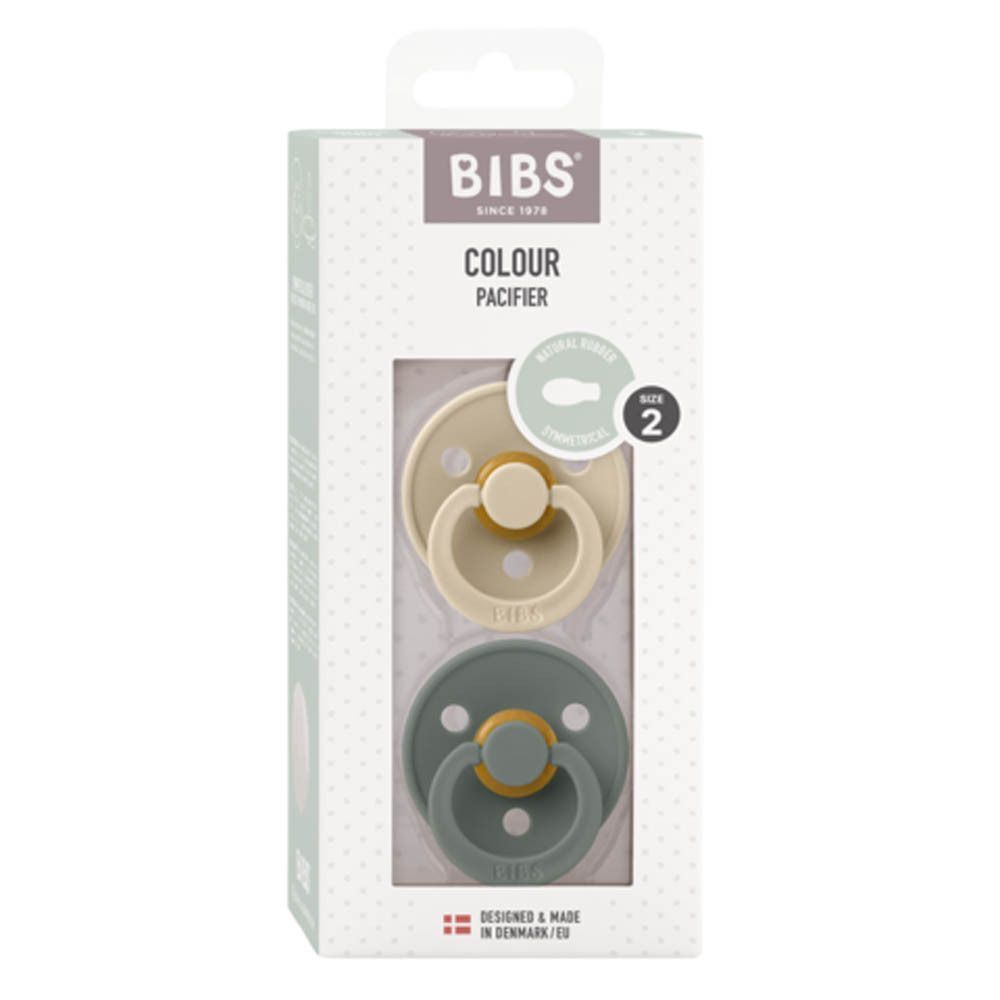Boîte de sucettes BIBS Colour Pacifier, contenant deux sucettes : beige et grise, taille 2.