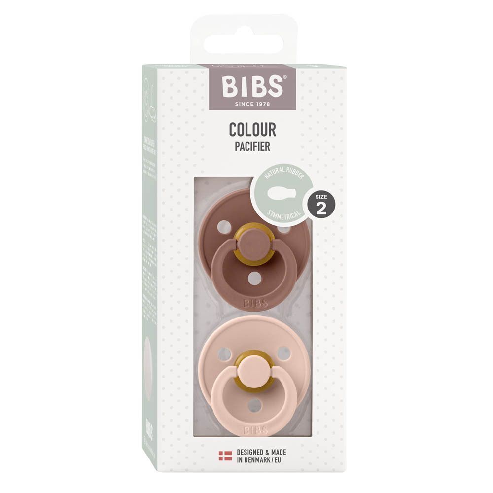 Emballage BIBS avec deux tétines symétriques (Blush et Woodchuck), taille 2. Tétine en latex de caoutchouc naturel.