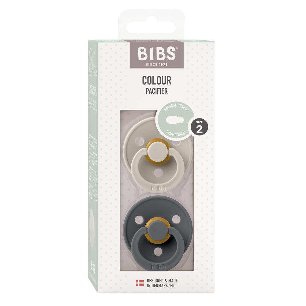 Deux tétines BIBS couleur sable et anthracite, taille 2, dans leur emballage.