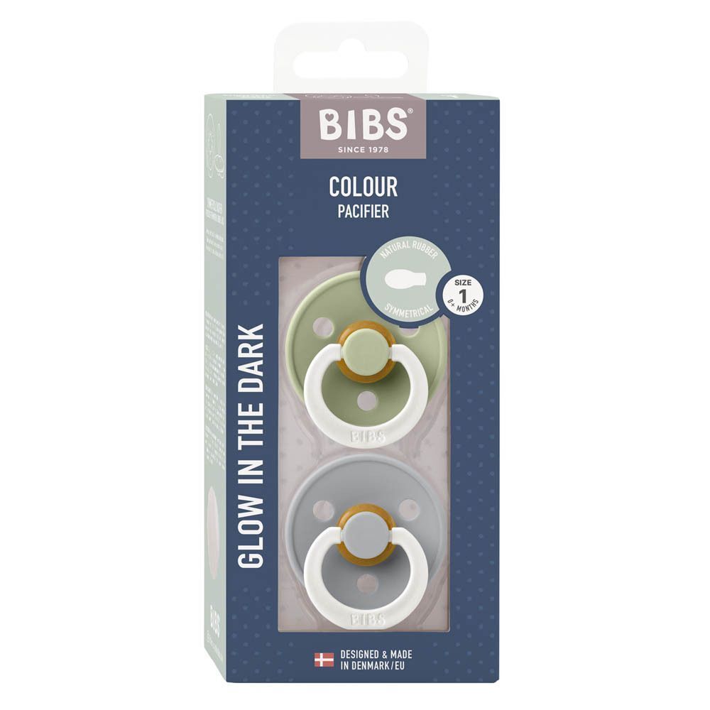 Emballage de tétines BIBS Colour Pacifier, taille 1, brille dans le noir, contient deux tétines.
