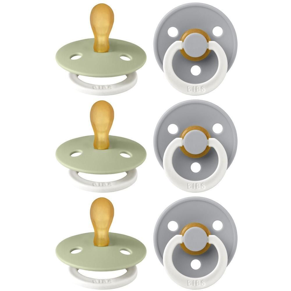 Trois sucettes vertes et trois grises avec anneau blanc et bouton doré.