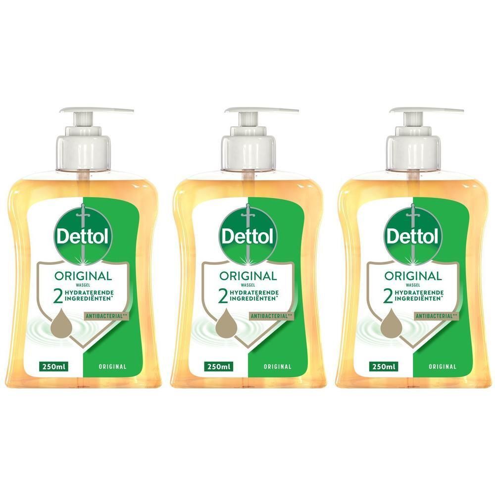 Drie flessen Dettol Original handgel met pompdos.