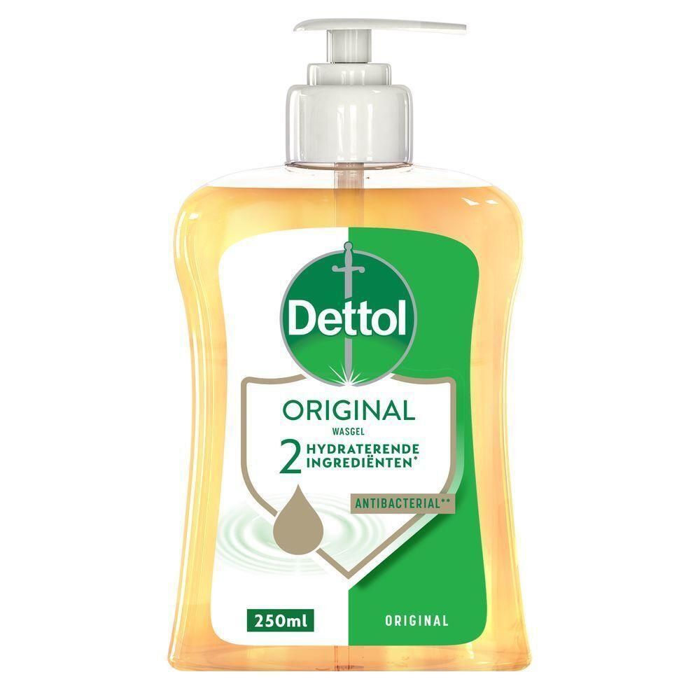 Dettol Original Gel Lavant avec distributeur pompe, 250ml. Liquide jaune dans une bouteille transparente.