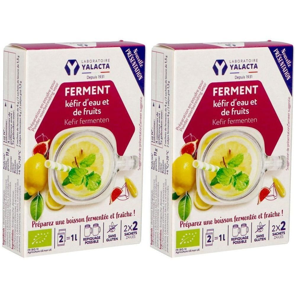 Deux boîtes de Yalacta Ferment pour kéfir d'eau et de fruits. Chaque boîte contient 2 sachets.