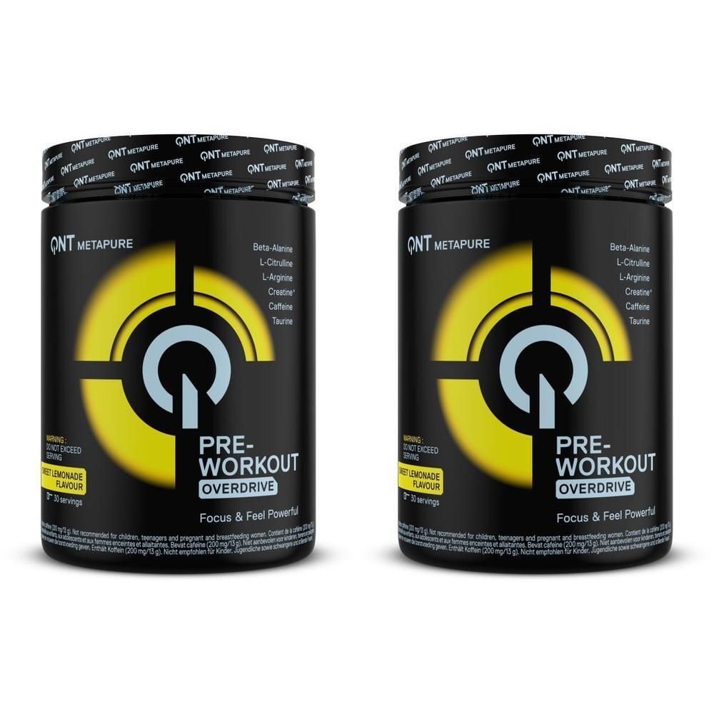 Deux pots de QNT Metapure Pre-Workout Overdrive, saveur Sweet Lemonade.