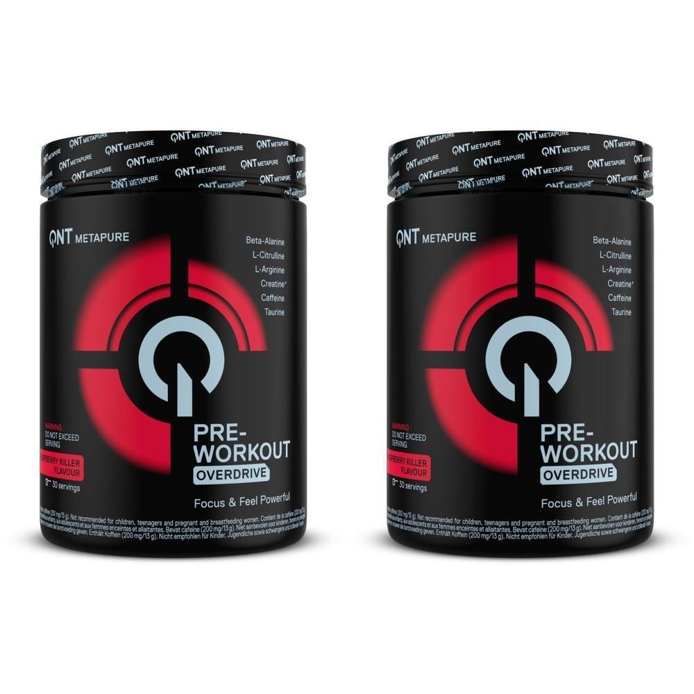 Deux contenants noirs de poudre QNT Metapure Pre-Workout Overdrive Raspberry Killer. Logo rouge et blanc.