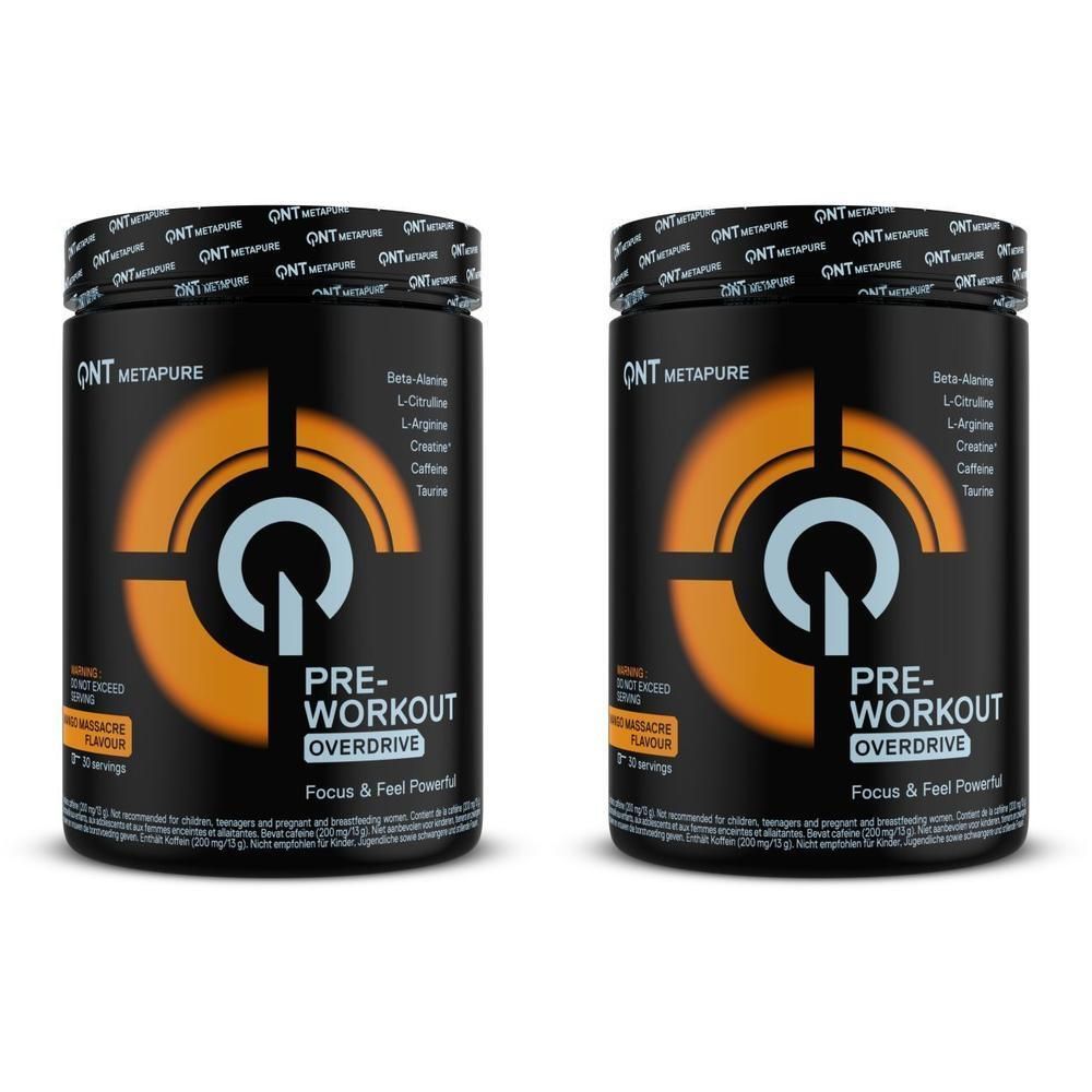 Deux pots de QNT Metapure Pre-Workout Overdrive Mango Massacre. Contenants noirs avec logo orange.