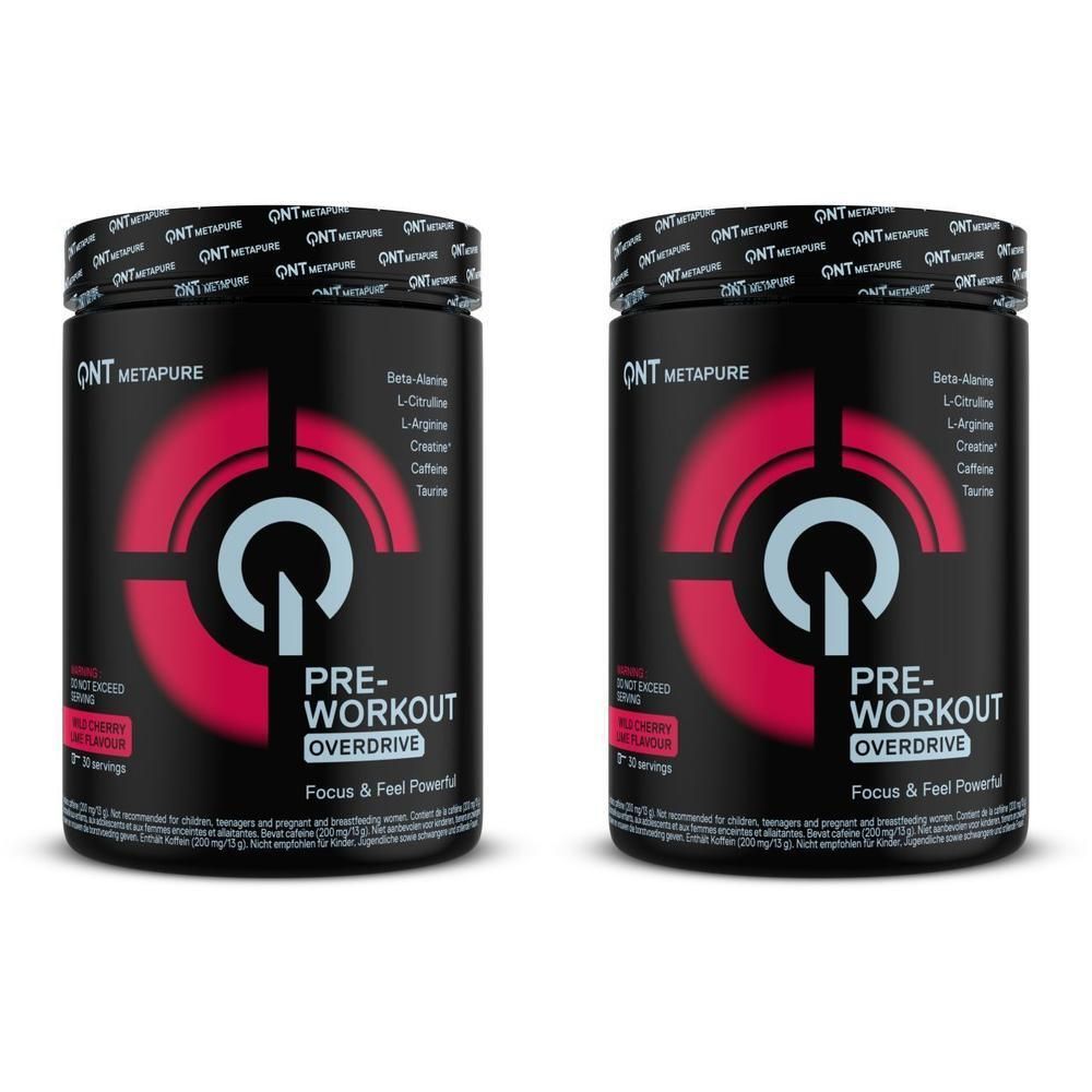 Deux pots de QNT Metapure Pre-Workout Overdrive saveur Wild Cherry Lime.