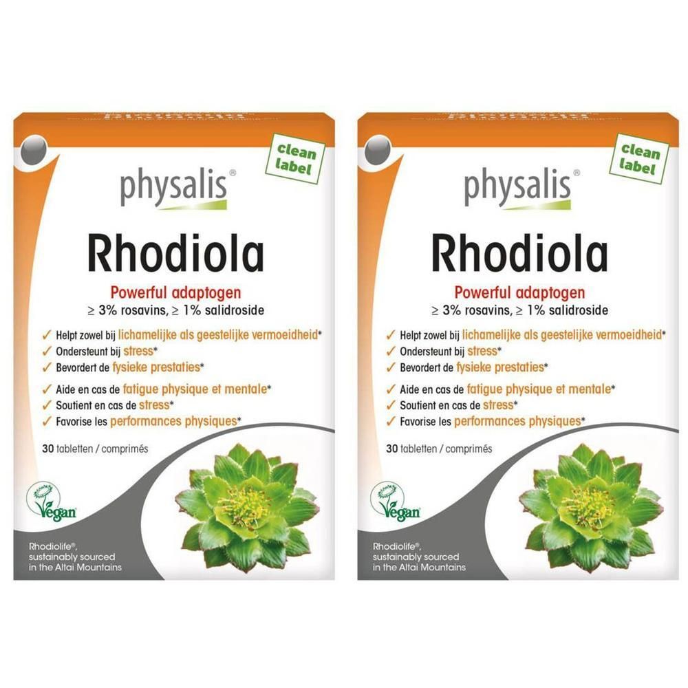 Twee verpakkingen Physalis Rhodiola, elk 30 tabletten. Bevat rosavine en solidroside.