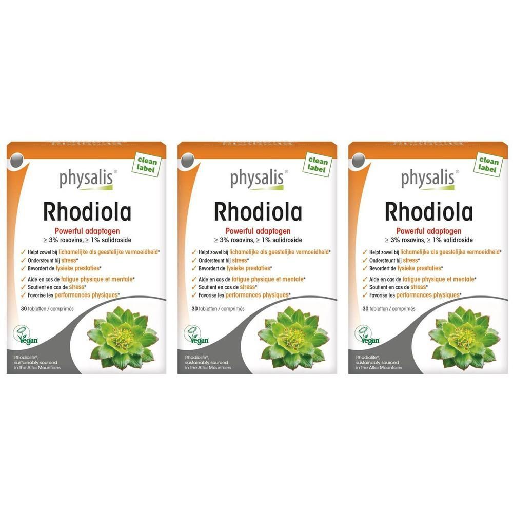 Trois paquets de Physalis Rhodiola, chacun contenant 30 comprimés. Contient du rosavine et du salidroside.