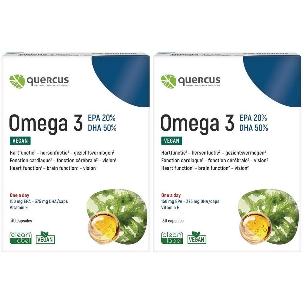 Deux paquets de Quercus Omega 3 Vegan capsules, 30 par paquet. Contient EPA et DHA.